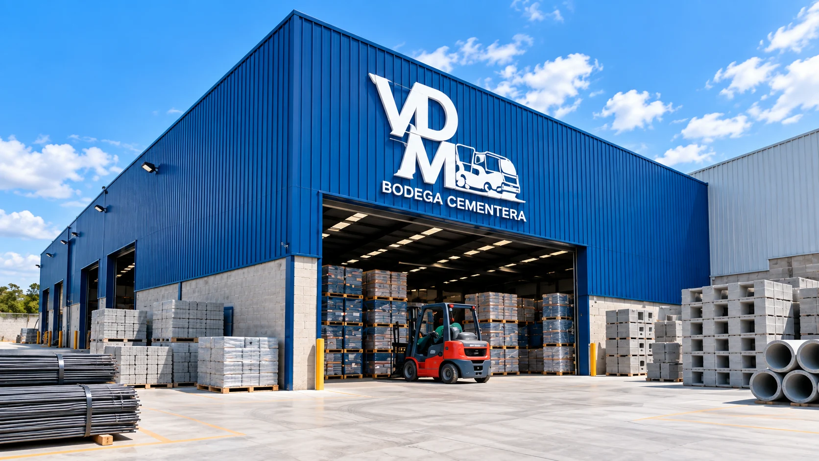 Fachada azul de una bodega VDM con montacargas, tarimas de block y varilla en el patio